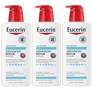 Brand New Lot of 3, Eucerin Advanced Repair Body Lotion, 16.9 OZ Unscented